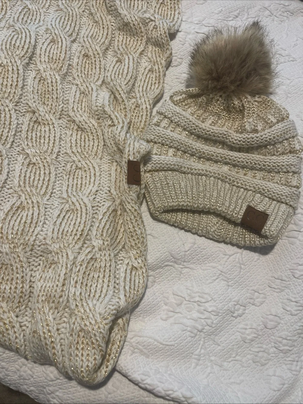 Sparkle Knit Beanie and Scarf Set - Cream with Gold Thread C.C Faux Fur Pom Pom